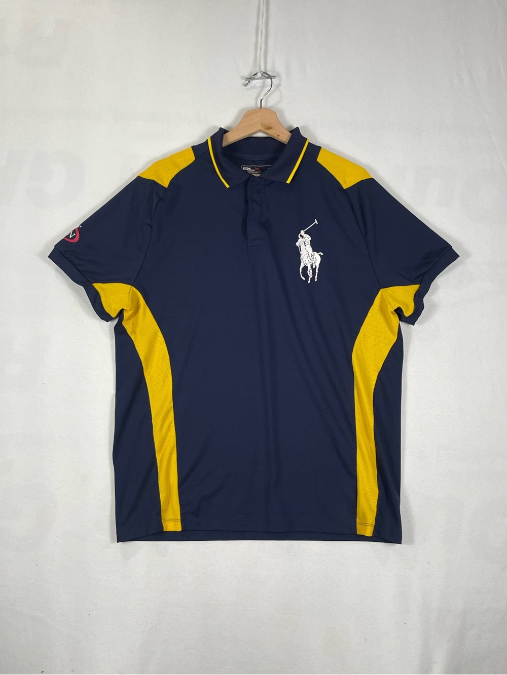 2007 US Open Tennis RLX Ralph Lauren Navy Yellow Short Sleeve Snap Polo Sz L